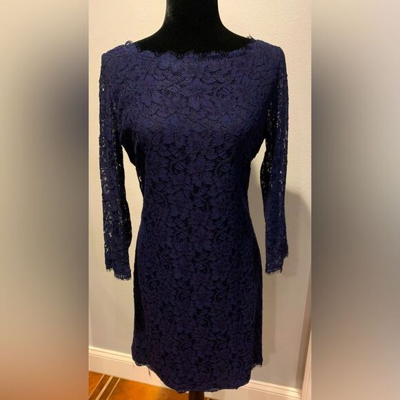 Diane von Furstenberg Navy Lace Sheath Dress | Size 12 | 3/4 Sleeve Cocktail - Picture 1 of 10